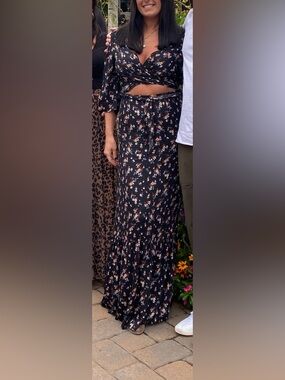 Olivaceous Navy Floral Maxi Dress with Cutout and Waist Tie